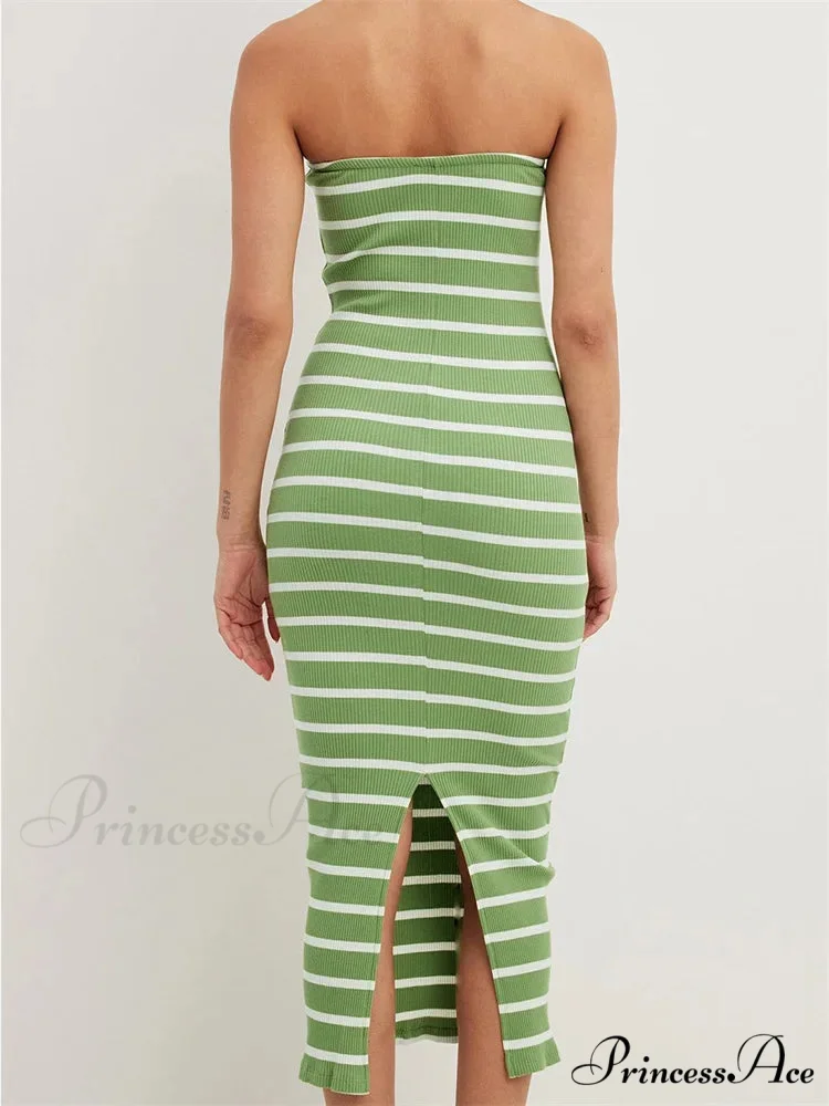 Women Bodycon Striped Strapless Off Shoulder Backless Tube Summer Split Knitted Party Vestidos - Image 2