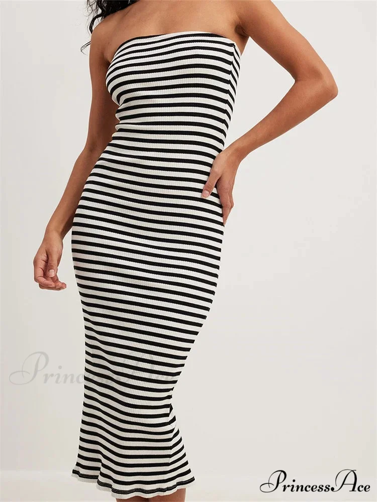 Women Bodycon Striped Strapless Off Shoulder Backless Tube Summer Split Knitted Party Vestidos - Image 5