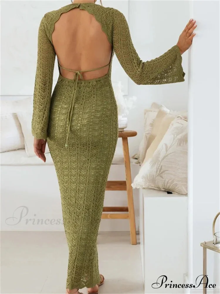 Women Sleeve Round Neck Backless Tie-up Hollow Out Cocktail Spring Autumn Female Vestidos - Image 4