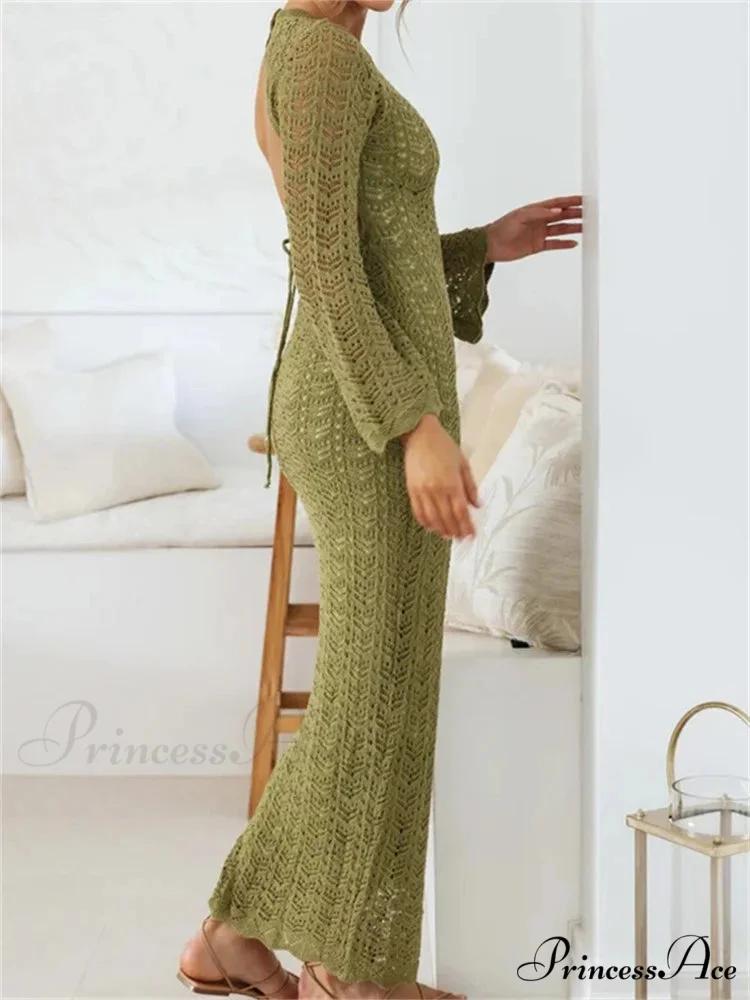Women Sleeve Round Neck Backless Tie-up Hollow Out Cocktail Spring Autumn Female Vestidos - Image 5