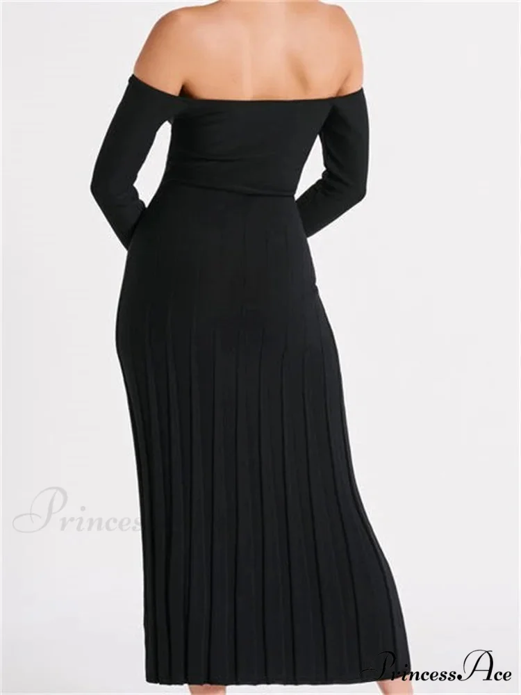 Elegant Women Slash Neck Off-Shoulder Solid Sleeve Backless Party Pleated Slim Vestidos - Image 2