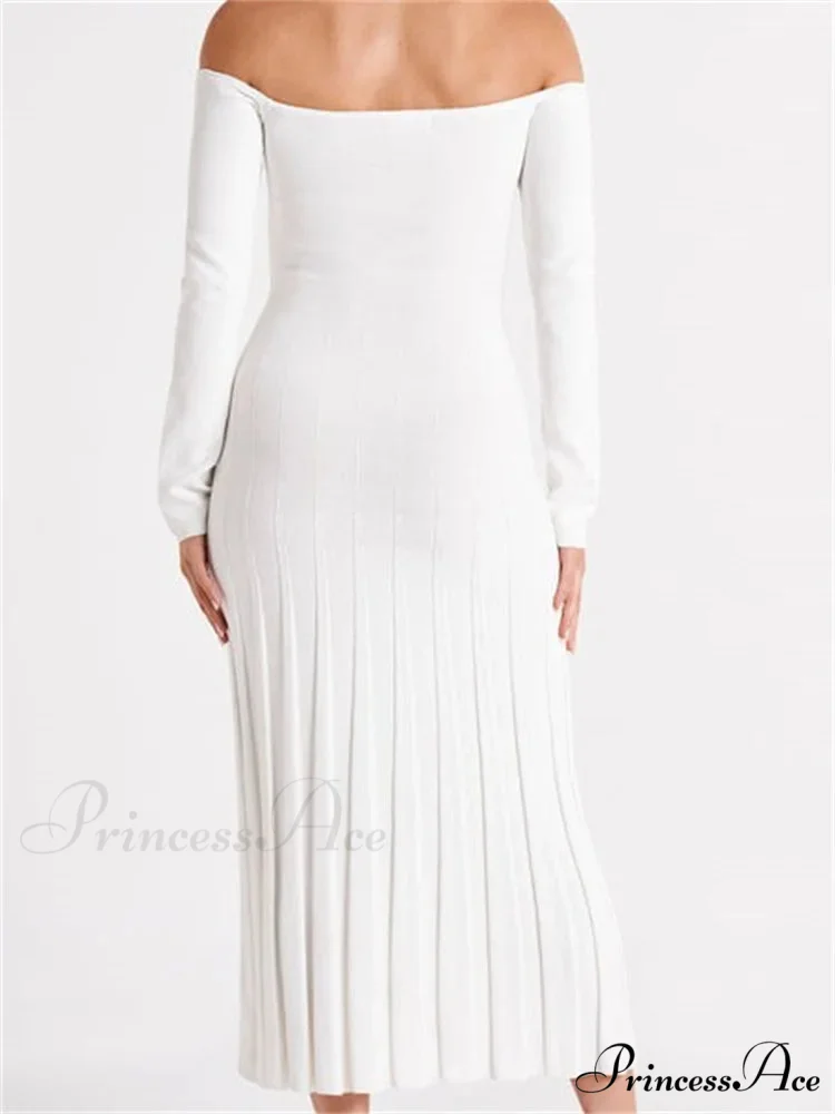 Elegant Women Slash Neck Off-Shoulder Solid Sleeve Backless Party Pleated Slim Vestidos - Image 3