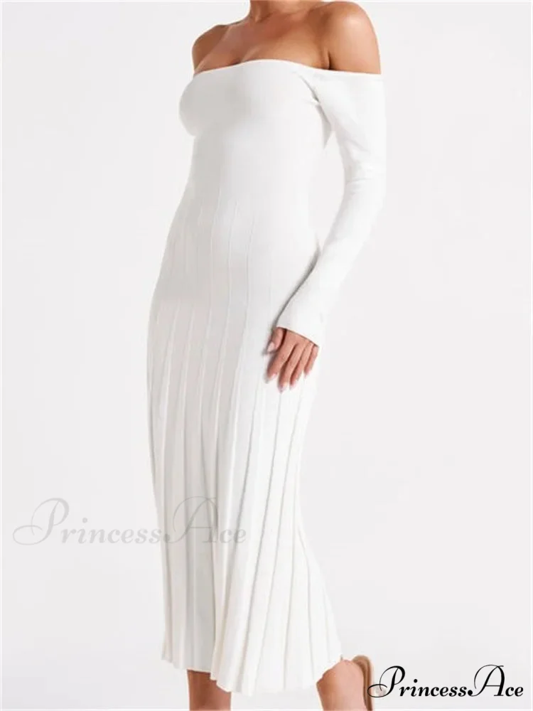 Elegant Women Slash Neck Off-Shoulder Solid Sleeve Backless Party Pleated Slim Vestidos - Image 4