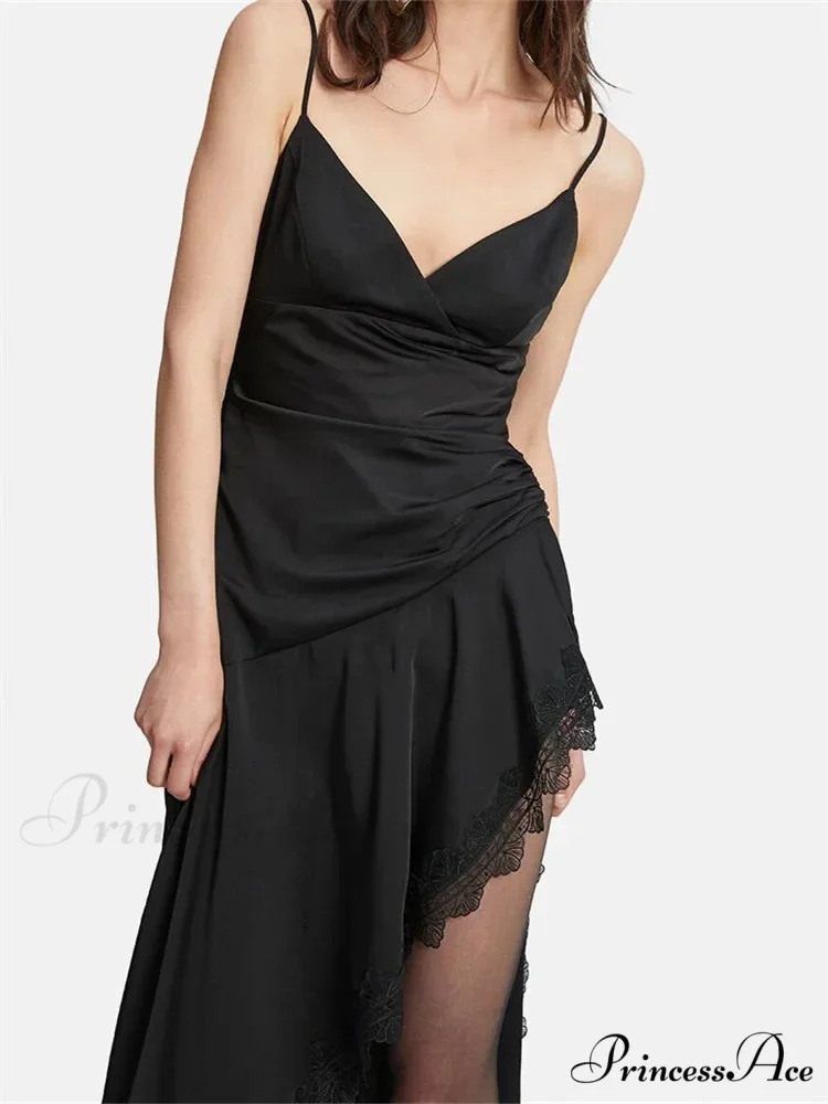 Sexy Women Side High Split Sleeveless Strap V-neck Lace Patchwork Summer Cocktail Party Vestido - Image 3