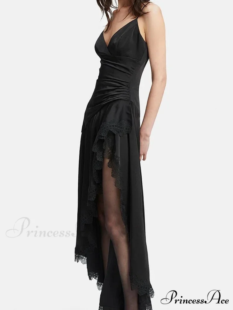 Sexy Women Side High Split Sleeveless Strap V-neck Lace Patchwork Summer Cocktail Party Vestido - Image 5