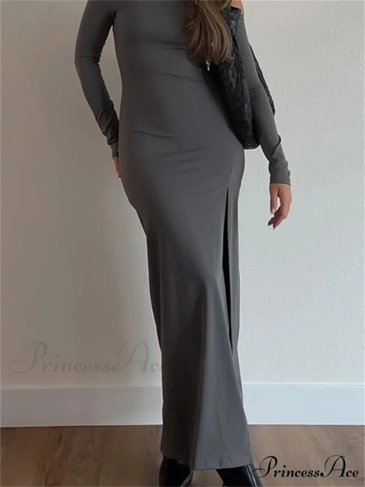 Women Off-Shoulder Solid Color Sleeve Side High Split Slim Fit Party Spring Fall Vestidos - Image 2