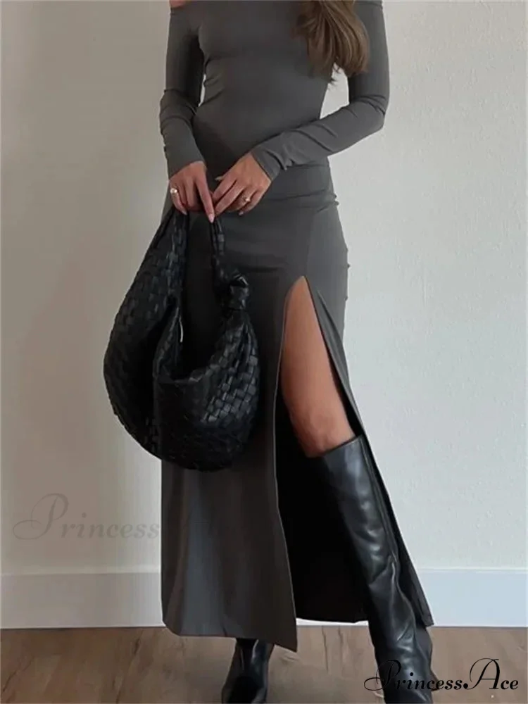 Women Off-Shoulder Solid Color Sleeve Side High Split Slim Fit Party Spring Fall Vestidos - Image 3