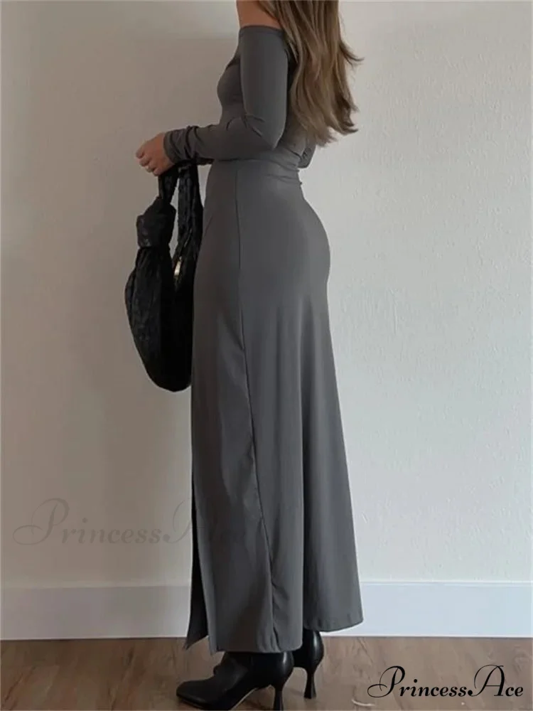 Women Off-Shoulder Solid Color Sleeve Side High Split Slim Fit Party Spring Fall Vestidos - Image 4