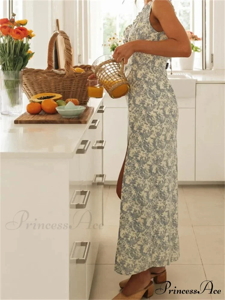 Retro Women Floral Print Sleeveless V Neck Front Lace-up High Split Spring Summer Backless Vestidos - Image 3