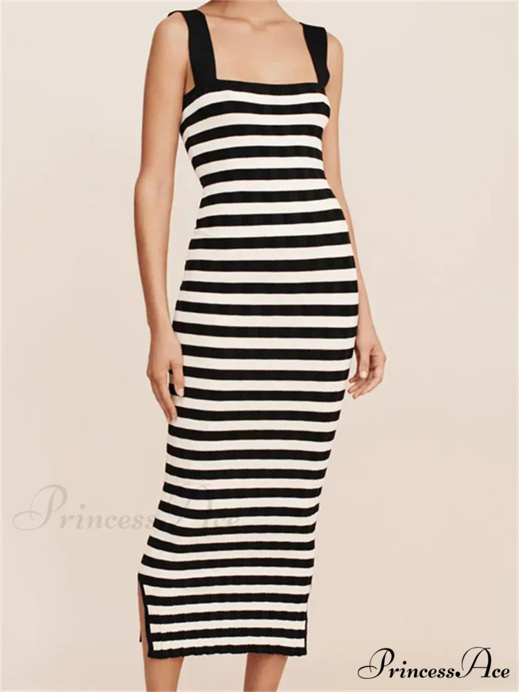 Women Knitted Sleeveless Square Neck Striped Print Beach Tank Side Split Summer Female Vestidos - Image 2