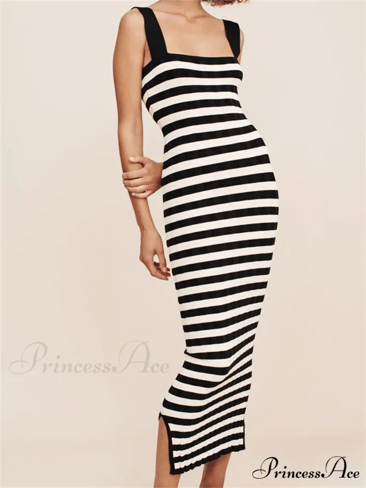 Women Knitted Sleeveless Square Neck Striped Print Beach Tank Side Split Summer Female Vestidos - Image 3