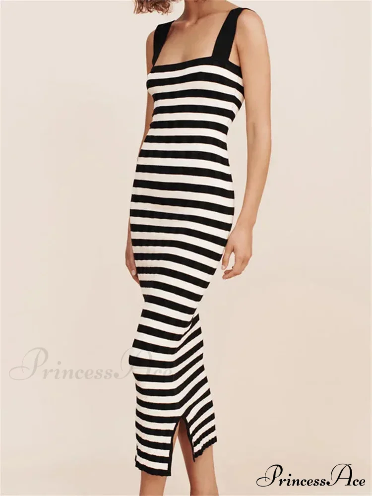 Women Knitted Sleeveless Square Neck Striped Print Beach Tank Side Split Summer Female Vestidos - Image 4