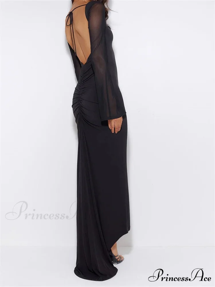 Sexy Women Mesh Sleeve Backless Ruched Lace-up Solid Color Party Female Irregular Hem Vestidos - Image 2