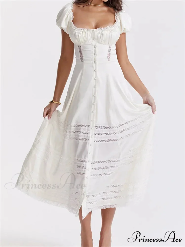 Elegant Women Short Sleeve Front Buttons Up Lace Hollow Out High Waist White OL Summer Vestidos - Image 2
