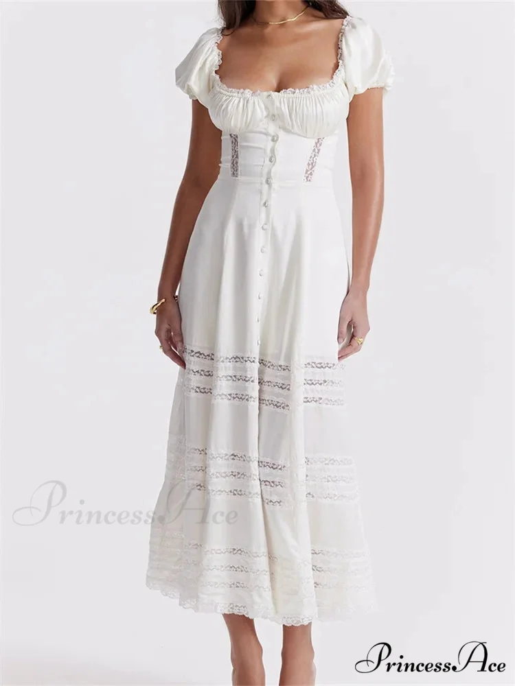 Elegant Women Short Sleeve Front Buttons Up Lace Hollow Out High Waist White OL Summer Vestidos - Image 3