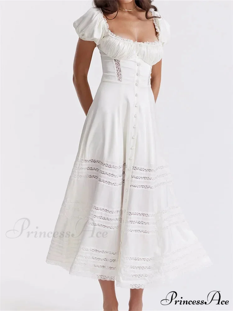 Elegant Women Short Sleeve Front Buttons Up Lace Hollow Out High Waist White OL Summer Vestidos - Image 4