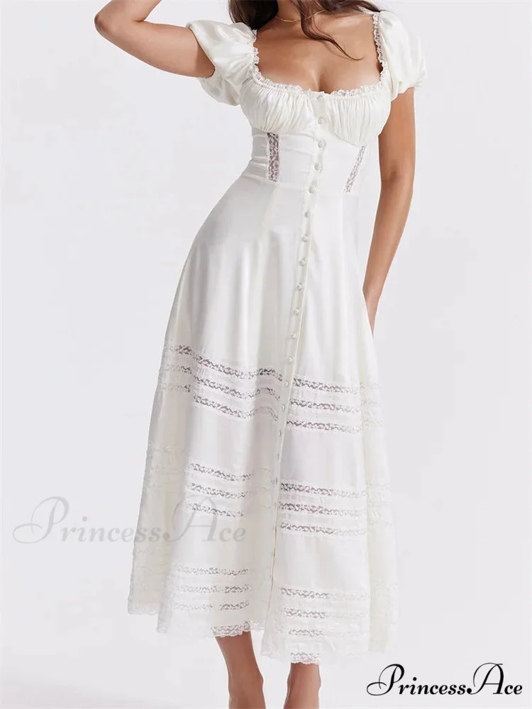 Elegant Women Short Sleeve Front Buttons Up Lace Hollow Out High Waist White OL Summer Vestidos - Image 5