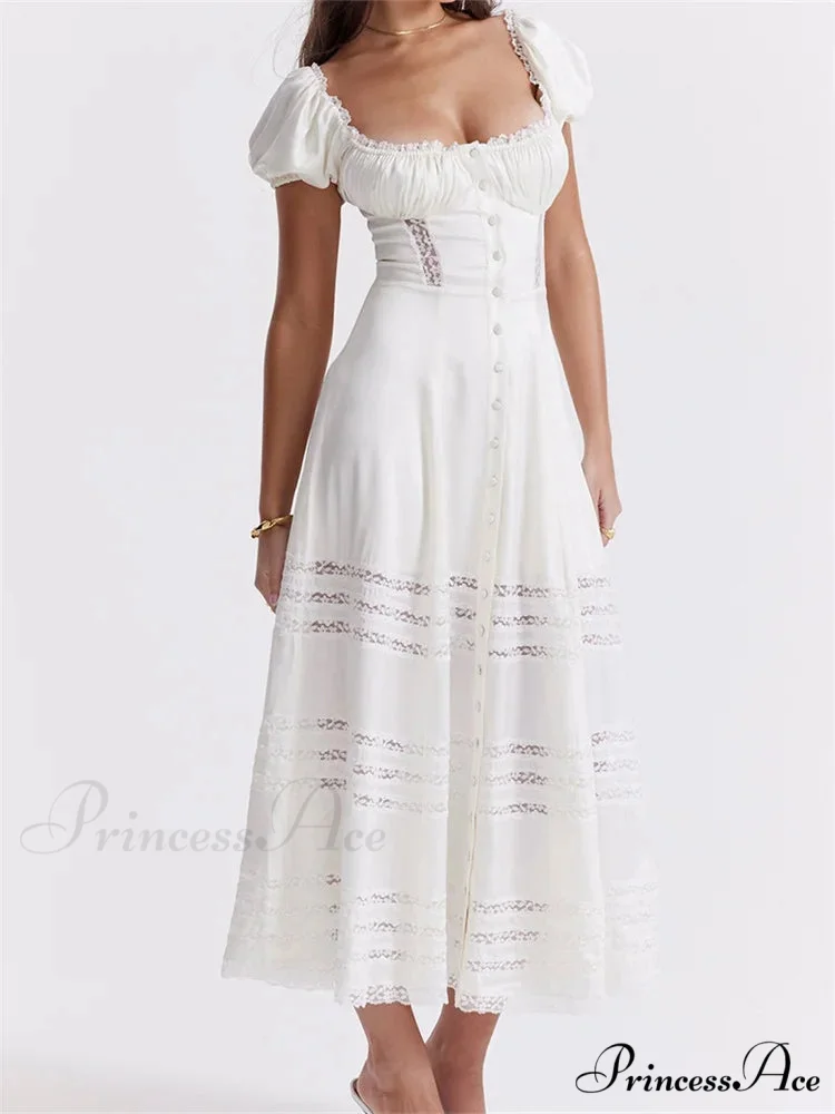 Elegant Women Short Sleeve Front Buttons Up Lace Hollow Out High Waist White OL Summer Vestidos - Image 6