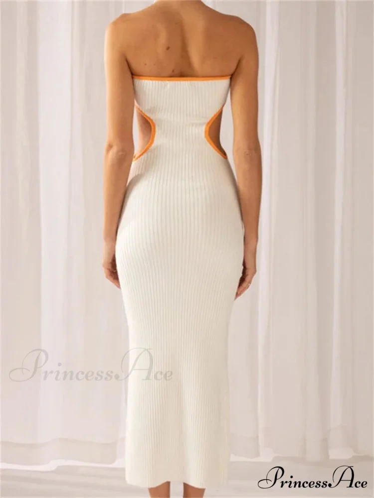 Women Waist Hollow Out Tube Strapless Off Shoulder Contrast Color Ribbed Summer Party Clubwear - Image 4