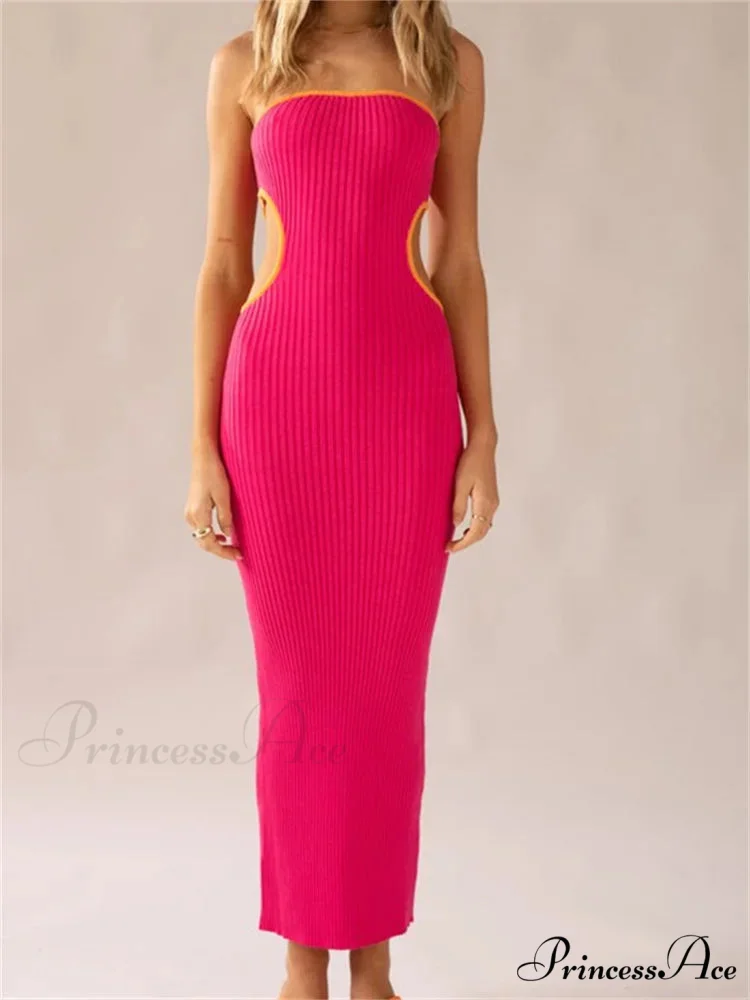Women Waist Hollow Out Tube Strapless Off Shoulder Contrast Color Ribbed Summer Party Clubwear - Image 5