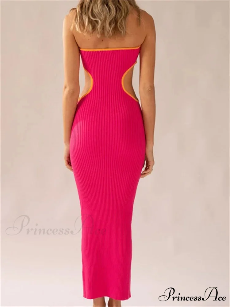 Women Waist Hollow Out Tube Strapless Off Shoulder Contrast Color Ribbed Summer Party Clubwear - Image 6