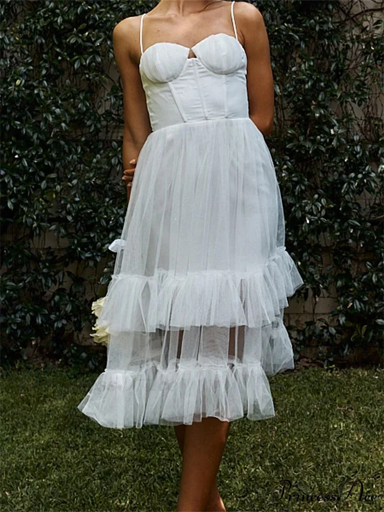 Women Summer Solid Color Sleeveless Strap Summer Layered Tulle Ruffles Backless Party Vestidos - Image 3