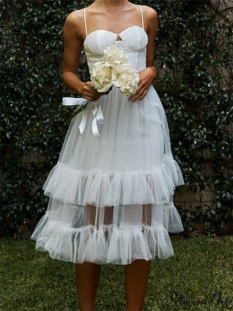 Women Summer Solid Color Sleeveless Strap Summer Layered Tulle Ruffles Backless Party Vestidos - Image 4