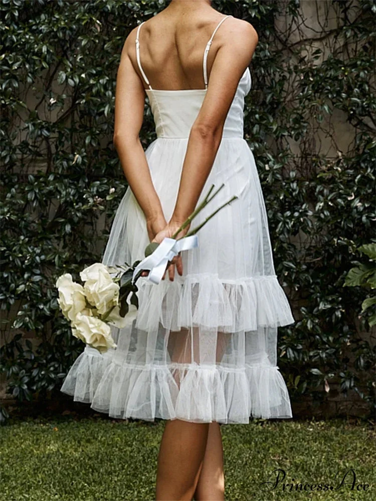 Women Summer Solid Color Sleeveless Strap Summer Layered Tulle Ruffles Backless Party Vestidos - Image 5