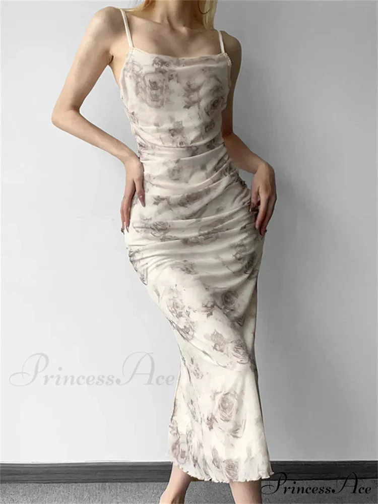 Retro Floral Print for Women Sleeveless Strap V-neck Ruched Split Summer Party Female Vestidos - Image 2