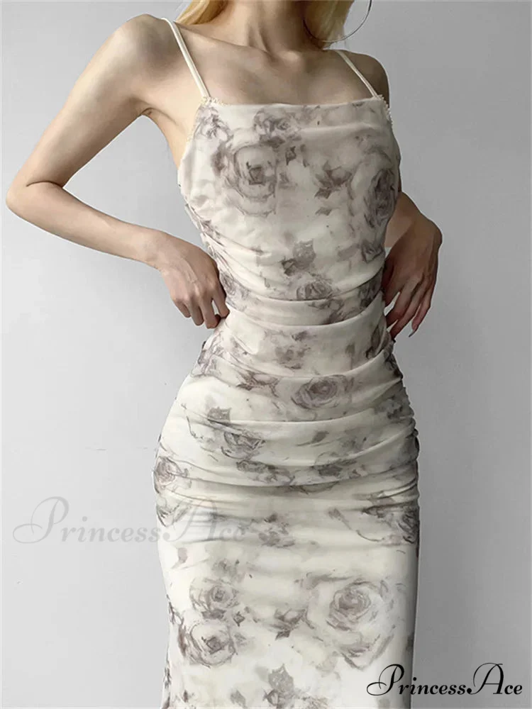 Retro Floral Print for Women Sleeveless Strap V-neck Ruched Split Summer Party Female Vestidos - Image 3