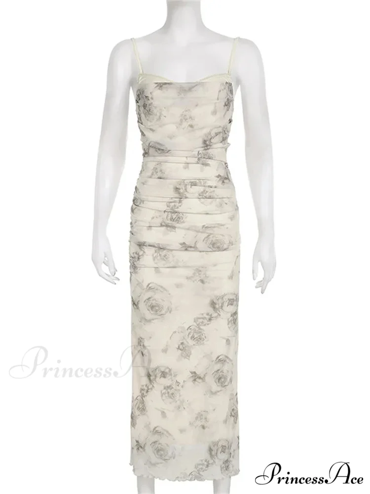 Retro Floral Print for Women Sleeveless Strap V-neck Ruched Split Summer Party Female Vestidos - Image 5