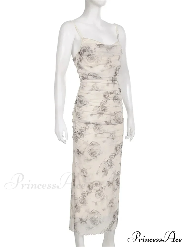 Retro Floral Print for Women Sleeveless Strap V-neck Ruched Split Summer Party Female Vestidos - Image 6
