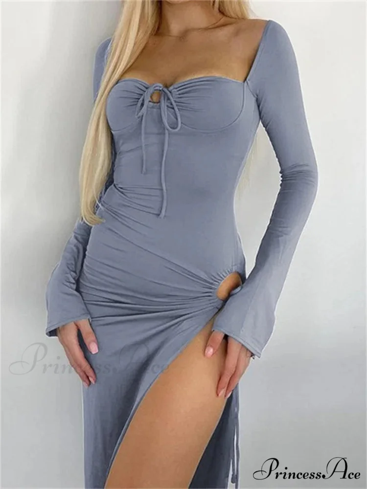 Women Sleeve Low-cut Tie-up Solid Color Slim Fit Cocktail Party High Split Female Vestidos - Image 2