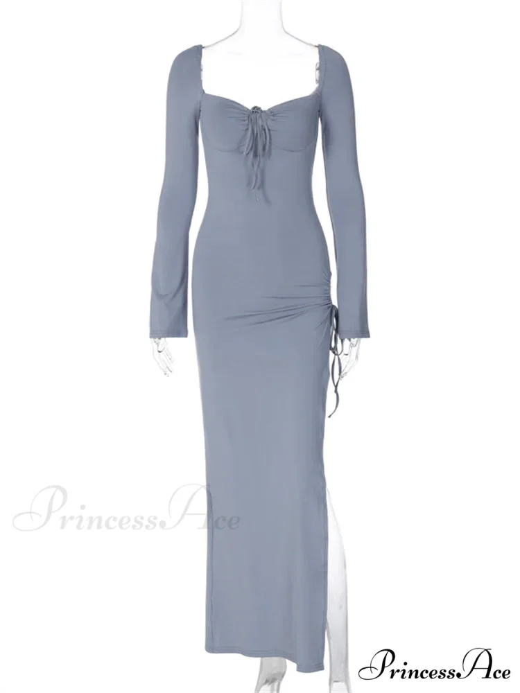 Women Sleeve Low-cut Tie-up Solid Color Slim Fit Cocktail Party High Split Female Vestidos - Image 3