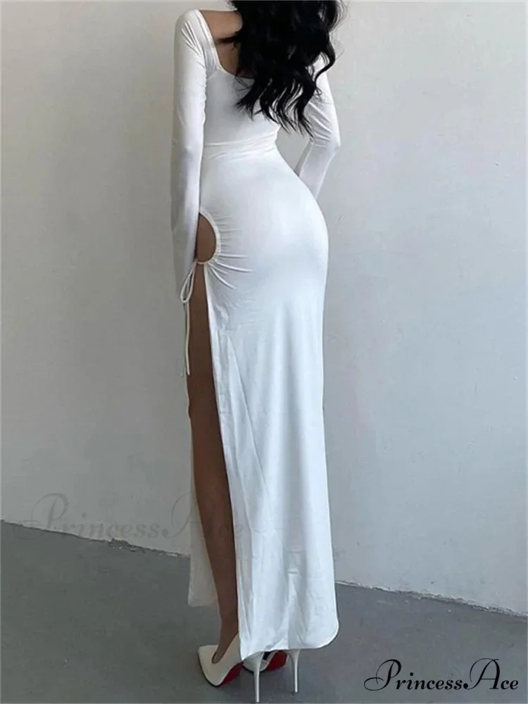 Women Sleeve Low-cut Tie-up Solid Color Slim Fit Cocktail Party High Split Female Vestidos - Image 4