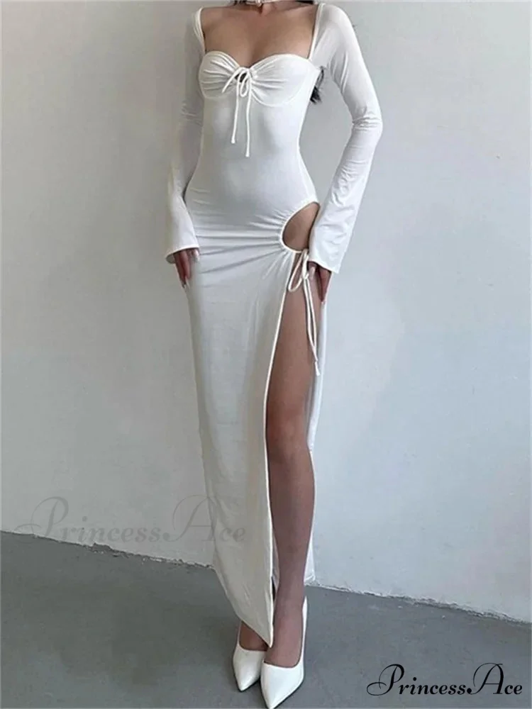 Women Sleeve Low-cut Tie-up Solid Color Slim Fit Cocktail Party High Split Female Vestidos - Image 5