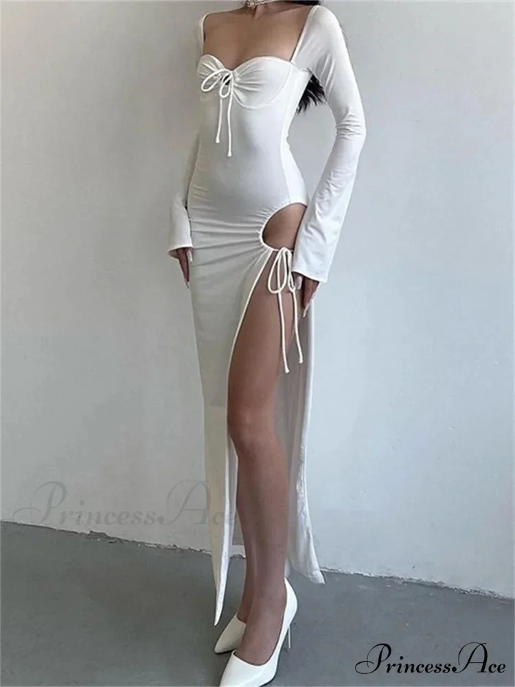 Women Sleeve Low-cut Tie-up Solid Color Slim Fit Cocktail Party High Split Female Vestidos - Image 7