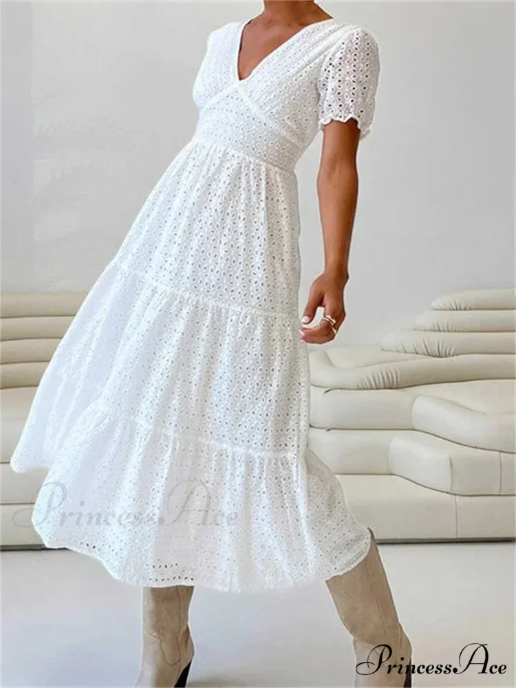 Elegant Women Summer Short Sleeve A-Line Solid V-neck Lace Floral Backless Tie-up Party Vestido - Image 2