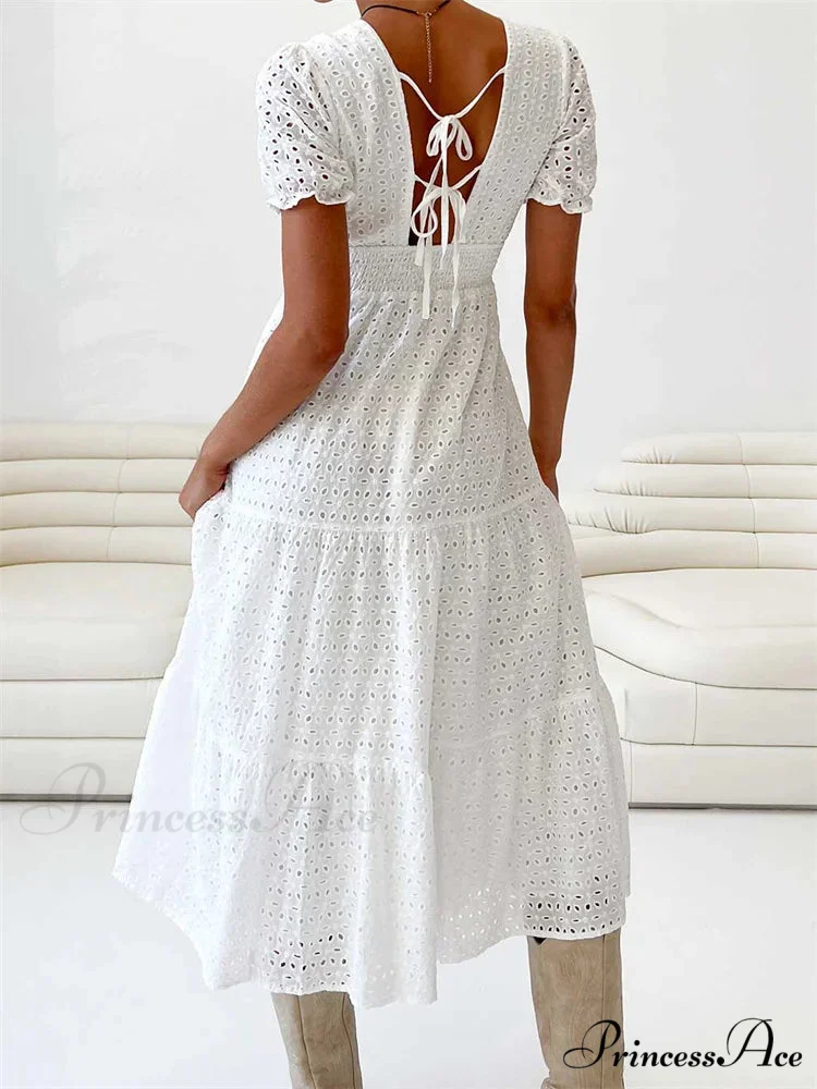 Elegant Women Summer Short Sleeve A-Line Solid V-neck Lace Floral Backless Tie-up Party Vestido - Image 3