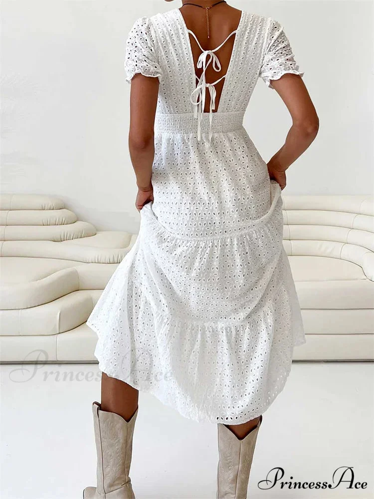 Elegant Women Summer Short Sleeve A-Line Solid V-neck Lace Floral Backless Tie-up Party Vestido - Image 4