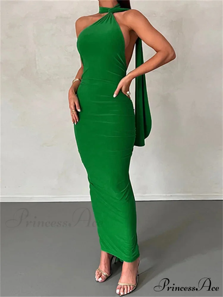 Women Halter Lace-up Sleeveless Off Shoulder Backless Ruched Party Club Solid Color Female Vestidos - Image 4