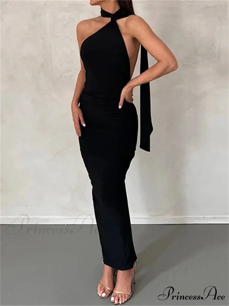 Women Halter Lace-up Sleeveless Off Shoulder Backless Ruched Party Club Solid Color Female Vestidos - Image 5