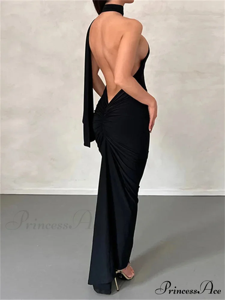 Women Halter Lace-up Sleeveless Off Shoulder Backless Ruched Party Club Solid Color Female Vestidos - Image 6