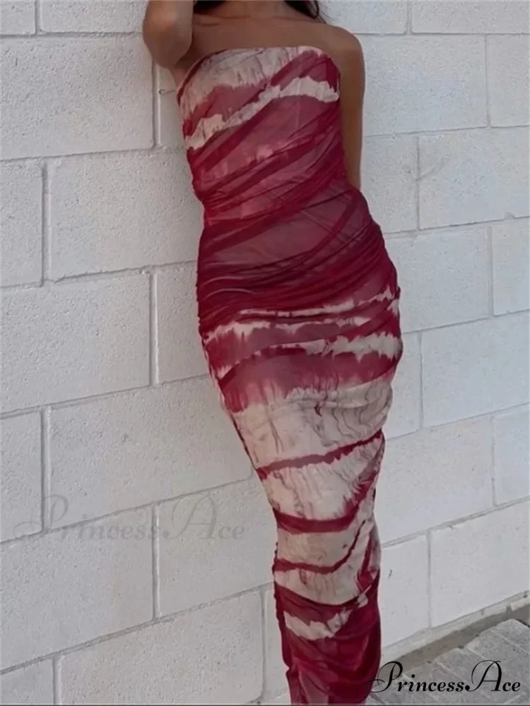 Irregular Tie Dyeing Print Tube for Women Summer Beach Party Clubwear Strapless Off Shoulder Ruched Dress