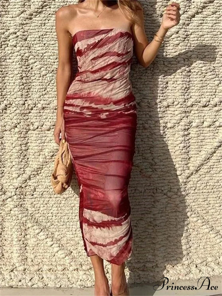 Irregular Tie Dyeing Print Tube for Women Summer Beach Party Clubwear Strapless Off Shoulder Ruched Dress - Image 2