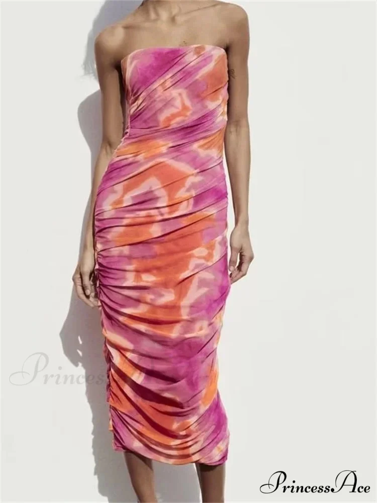 Irregular Tie Dyeing Print Tube for Women Summer Beach Party Clubwear Strapless Off Shoulder Ruched Dress - Image 4