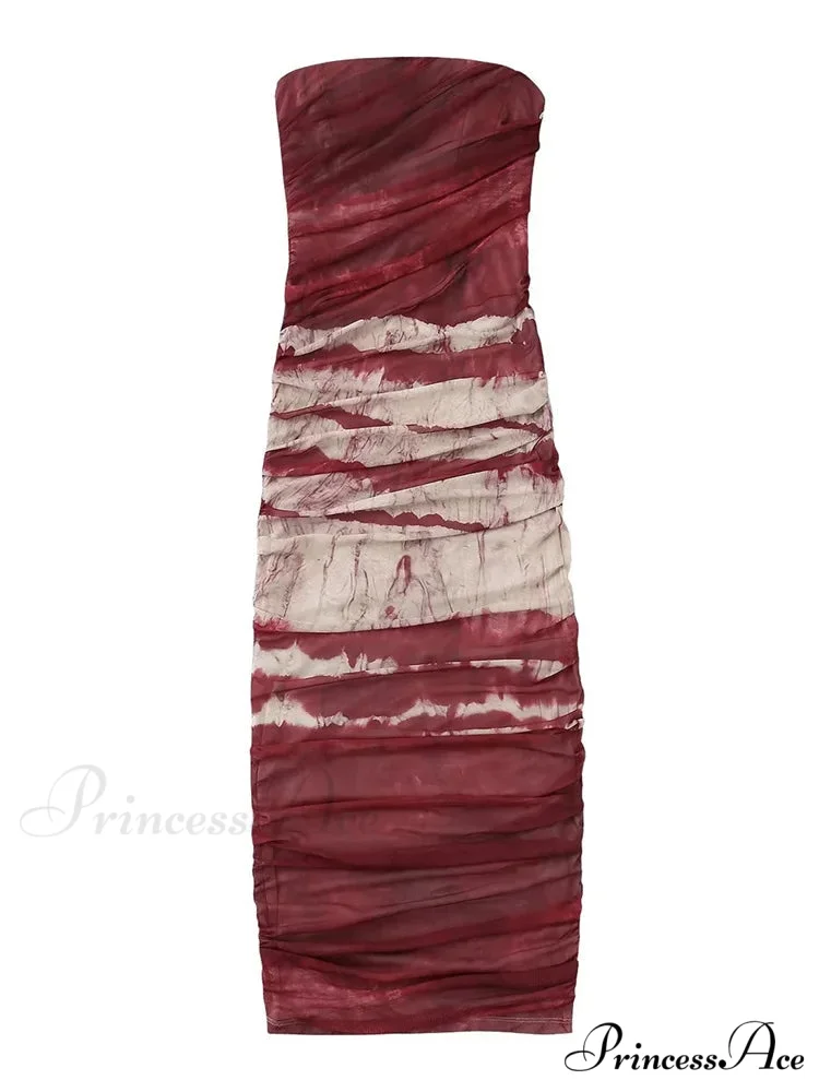 Irregular Tie Dyeing Print Tube for Women Summer Beach Party Clubwear Strapless Off Shoulder Ruched Dress - Image 5