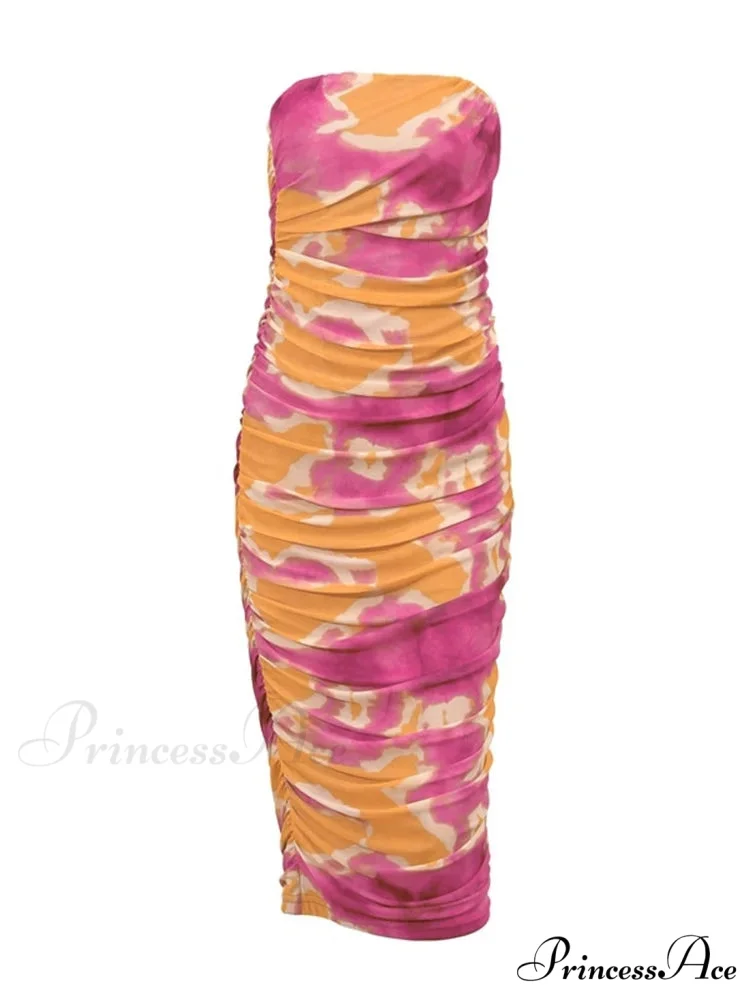 Irregular Tie Dyeing Print Tube for Women Summer Beach Party Clubwear Strapless Off Shoulder Ruched Dress - Image 6