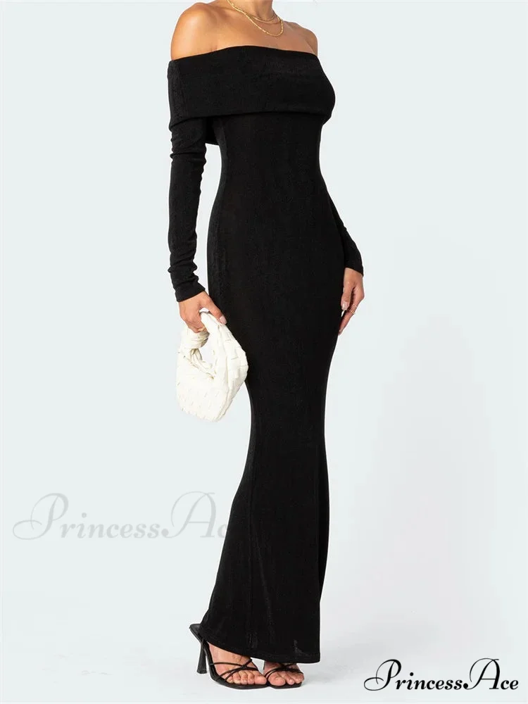 Elegant Women Slash Neck Off Shoulder Bodycon Black Solid Sleeve Party Formal Female Vestidos - Image 2
