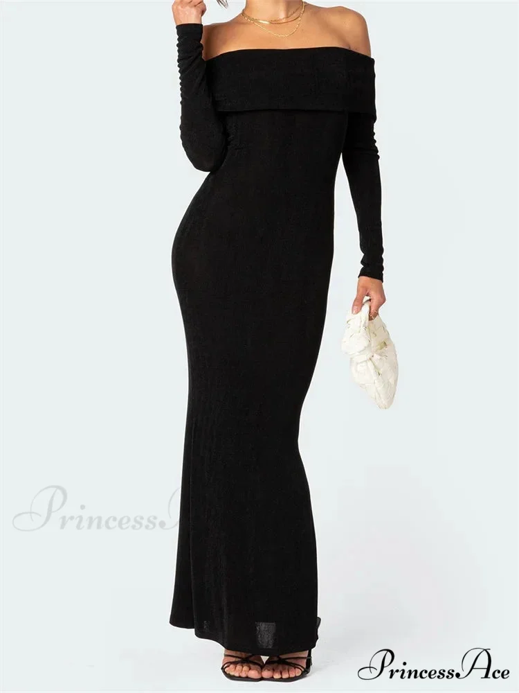 Elegant Women Slash Neck Off Shoulder Bodycon Black Solid Sleeve Party Formal Female Vestidos - Image 3